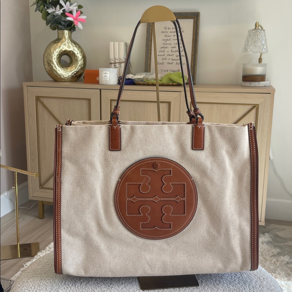 Tory Burch Beige Canvas Tote with Brown Leather Logo